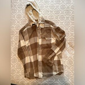 American Eagle Outfitters Tan and Cream Plaid Hooded Shirt